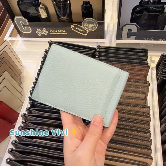 NWT Coach Slim Money Clip Billfold Wallet CH090 Light Blue Pebble Leather - Picture 4 of 6